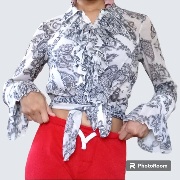 Ruffled Floral Black White Grey Floral Blouse Translucent Tie Up Flare Small - Picture 4 of 9